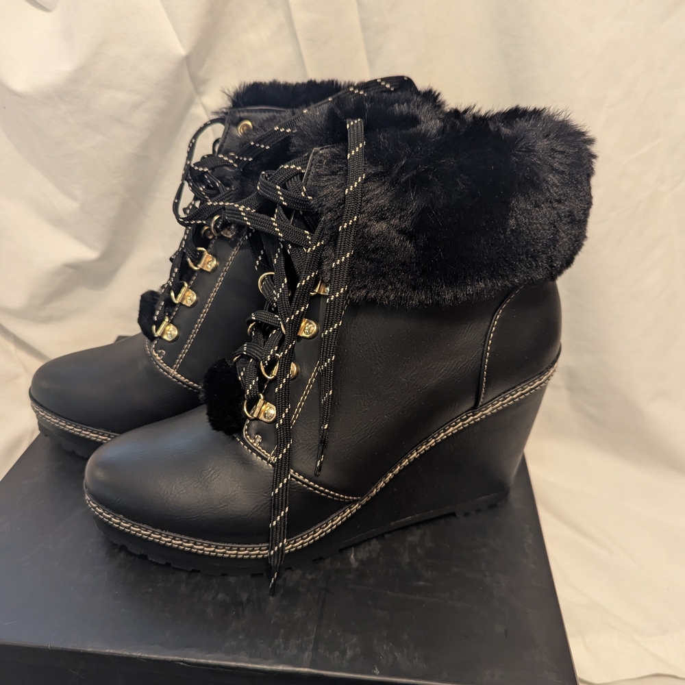 Nanette Lepore Malee Back Faux Fur Lace-Up Wedge Boots